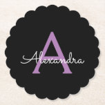 Lila Black Script Girly Monogram Namn Underlägg Papper<br><div class="desc">Svartvit och Lila Enkel Namn-Underlägg i Monogram Pappert. Det gör perfekt studenten,  födelsedag,  bröllop,  möhippa,  årsdag,  babydusch eller bachelorette-fest till någon som glam lyx och chic stilar.</div>