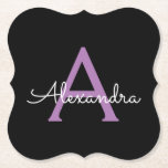 Lila Black Script Girly Monogram Namn Underlägg Papper<br><div class="desc">Svartvit och Lila Enkel Namn-Underlägg i Monogram Pappert. Det gör perfekt studenten,  födelsedag,  bröllop,  möhippa,  årsdag,  babydusch eller bachelorette-fest till någon som glam lyx och chic stilar.</div>