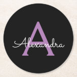 Lila Black Script Girly Monogram Namn Underlägg Papper Rund<br><div class="desc">Svartvit och Lila Enkel Namn-Underlägg i Monogram Pappert. Det gör perfekt studenten,  födelsedag,  bröllop,  möhippa,  årsdag,  babydusch eller bachelorette-fest till någon som glam lyx och chic stilar.</div>