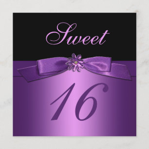 Lila Black Sequin Flower Bow (tryckt) Sweet 16 Inbjudningar