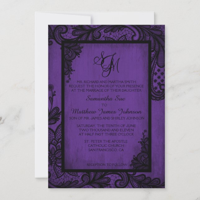 Lila Black Snöre Gothic Wedding Card Inbjudningar (Framsida)