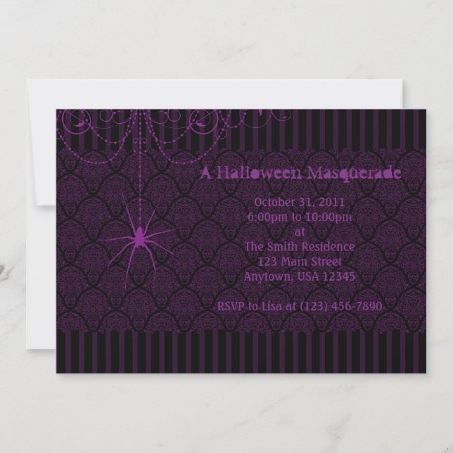 Lila & Black Spider Damask Halloween-inbjudningar Inbjudningar (Framsida)