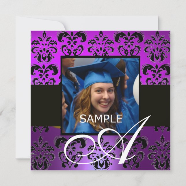 LILA BLACK STUDENTEN DAMASK MONOGRAM, violett Inbjudningar (Framsida)