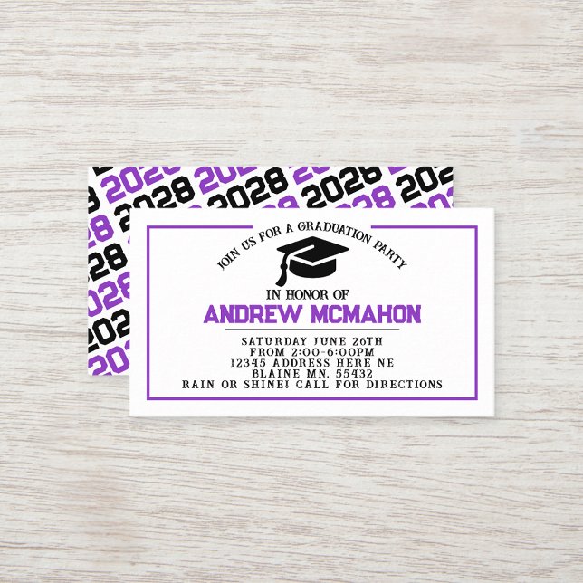 Lila Black Studenten Inbjudan, meddelande infognin (Purple, White and Black Mini Graduation Invites for Friends, Team Mates or as Inserts!)