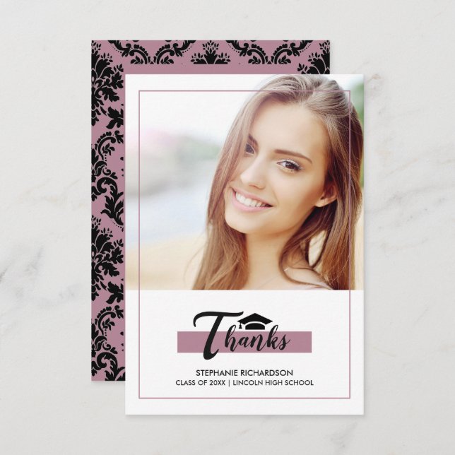 Lila Black Studenten Tack Photo Card Inbjudningar (Fram/baksida)