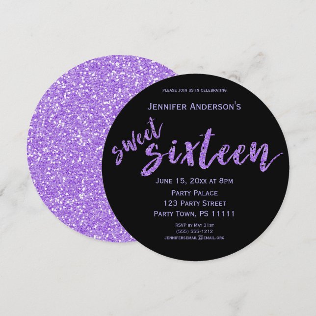 Lila Black Sweet sixteen Inbjudningar (Fram/baksida)