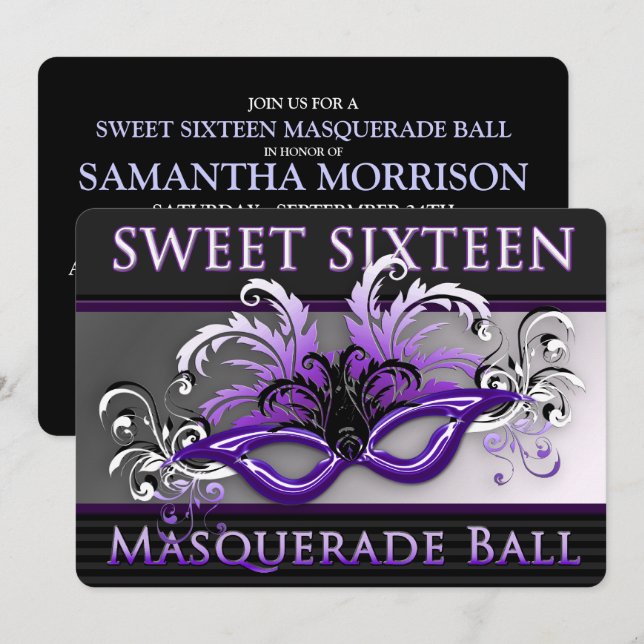 Lila/Black Sweet sixteen MasqueraBoll Inbjudningar (Fram/baksida)