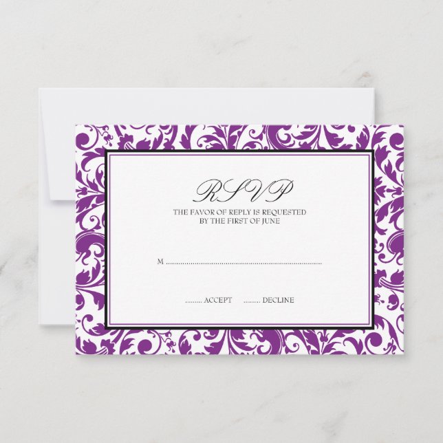 Lila Black Swirl Damask Wedding Card OSA Kort (Framsida)