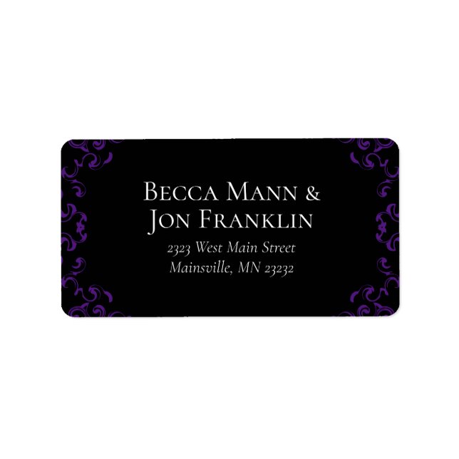 Lila & Black Swirl Gothic Bröllop Adressetikett (Framsidan)