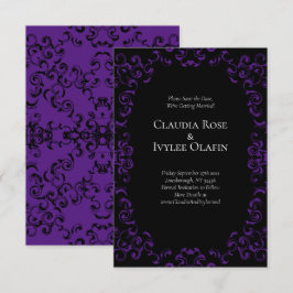 Lila & Black Swirl Gothic Bröllop Inbjudningar