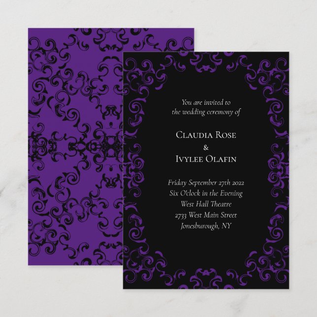 Lila & Black Swirl Gothic Bröllop Inbjudningar (Fram/baksida)