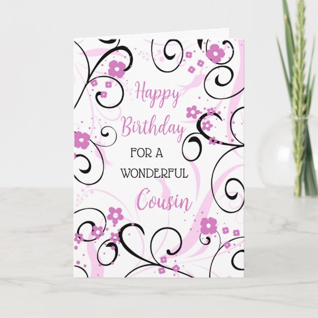 Lila Black Swirls Cousin Birthday Kort (Framsida)