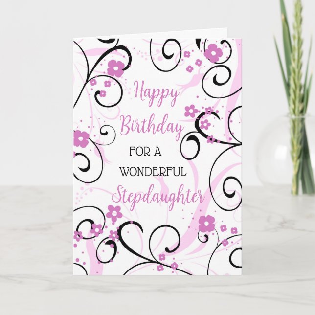 Lila Black Swirls Stepdotter Birthday Kort (Framsida)