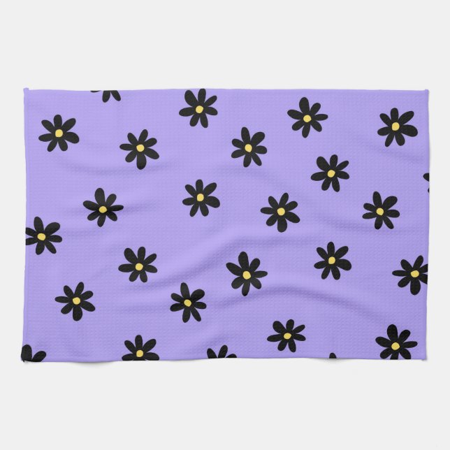 Lila Black Tropical Blommigt Botanical Vår Kökshandduk (Horisontell)