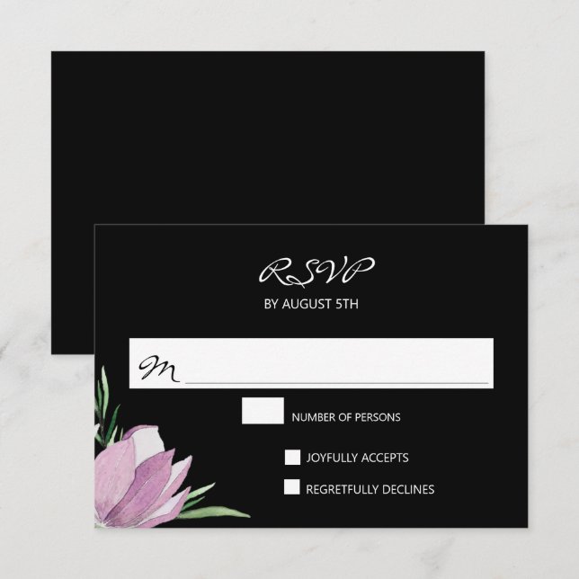 Lila Black Watercolor Blommigt OSA kort (Fram/baksida)