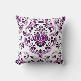 Lila Black White Damask Blommönster Elegant Kudde
