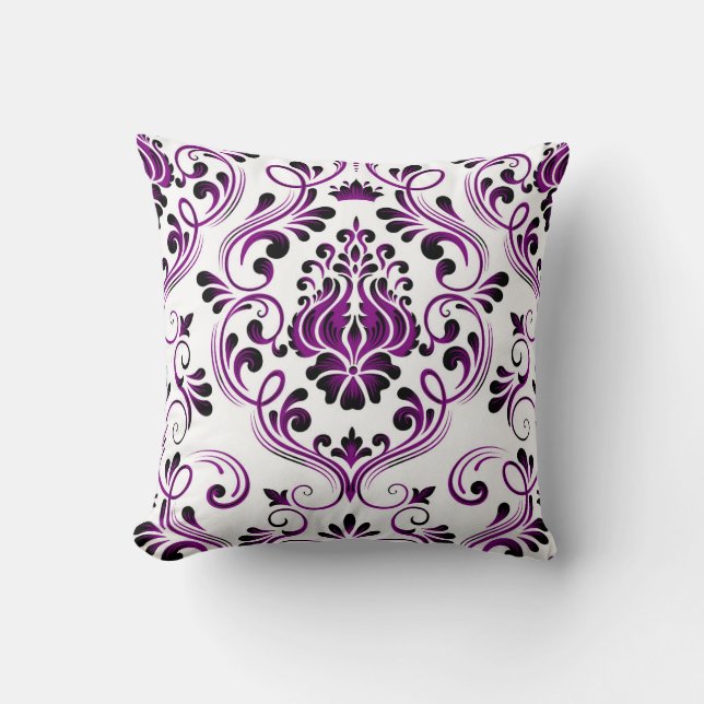 Lila Black White Damask Blommönster Elegant Kudde (Framsida)