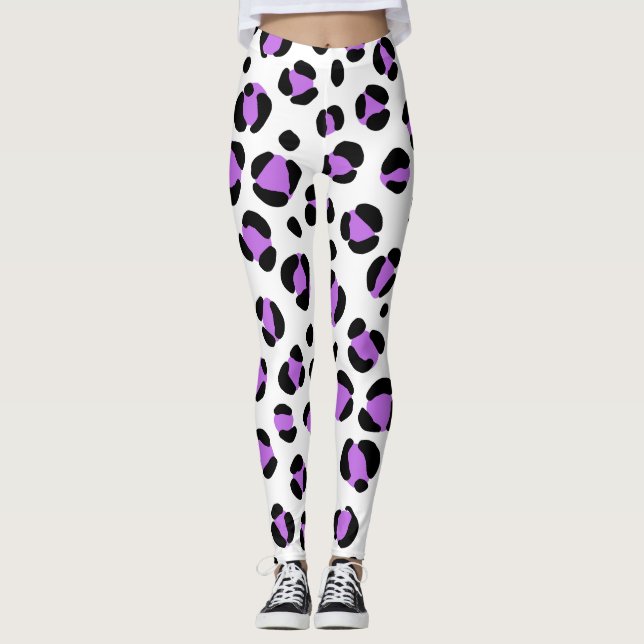 Lila Black White Leopard Animal Print Leggings (Framsida)
