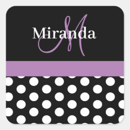 Lila Black White Polka Dot Monogram Fyrkantigt Klistermärke