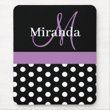 Lila Black White Polka Dot Monogram Mouse Pad
