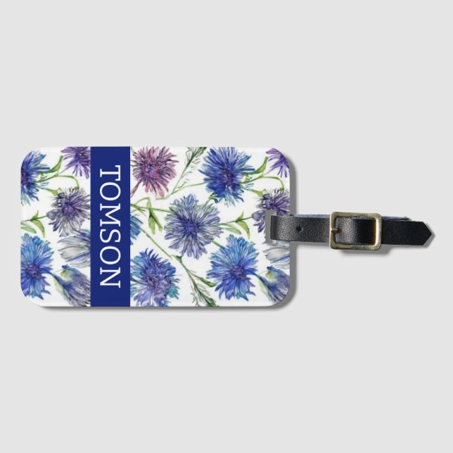 lila, blåkornblommor, vattenfärg bagagebricka (Framsida horisontal)