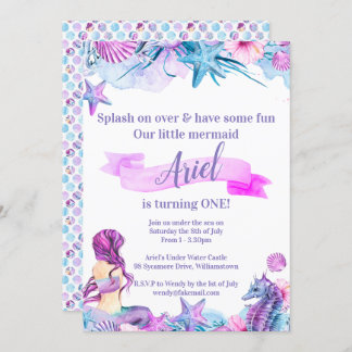 Lila, blått och Rosa Sjöjungfru på födelsedagsinbj Inbjudningar