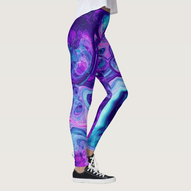 Lila, blått, Rosa Bokeh Marble Fluid Art Leggings (Höger)