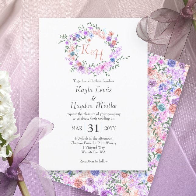 Lila, blått, Rosa, Peach Ro Bröllop WAN Inbjudningar (pastel spring springtime flowers pink purple blue mauve colorful wedding invitations roses wreath)