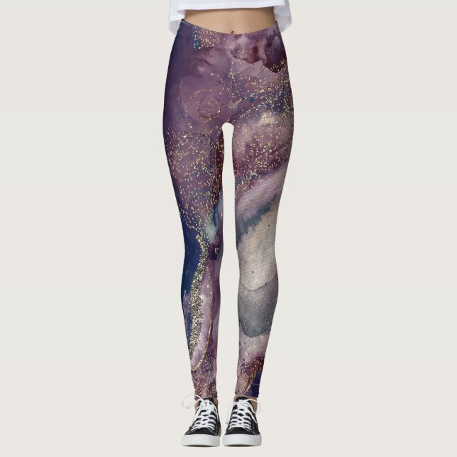 Lila Blått Vattenfärg Kosmisk Galax Glitter Leggings (Framsida)