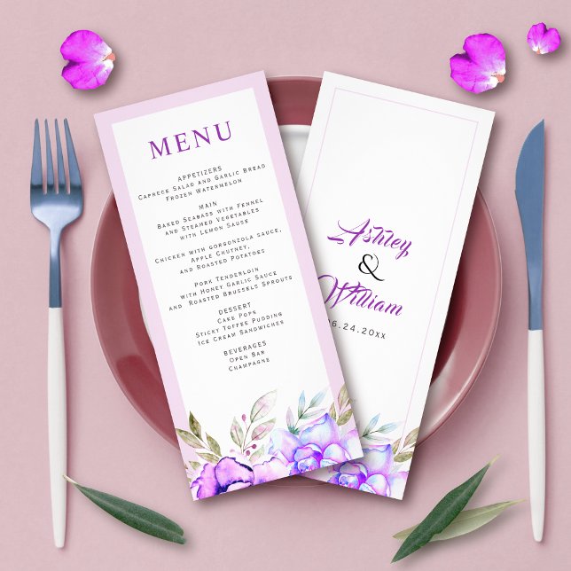 Lila, blått vattenfärgsblommor bröllop-menykort reklamkort (Skapare uppladdad)