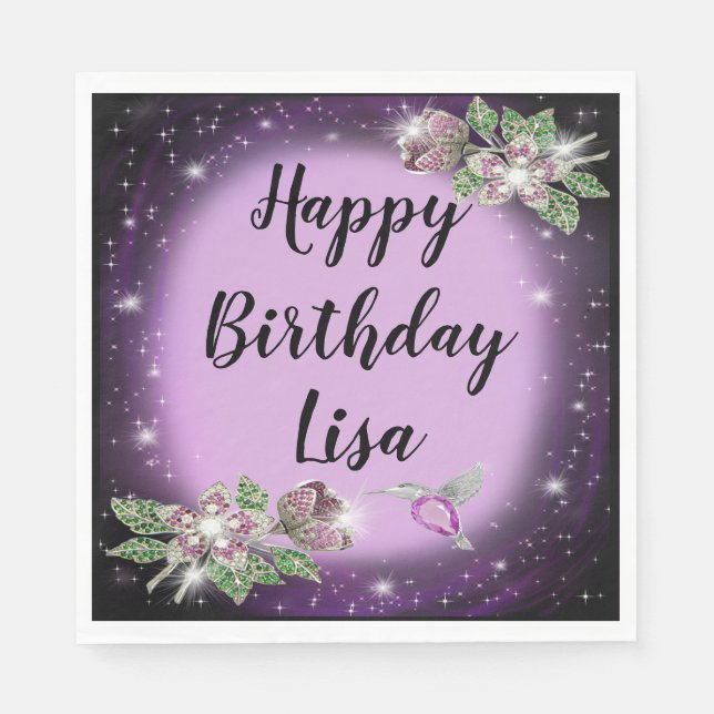 Lila Bling Blommigt Birthday Pappersservett (Framsidan)