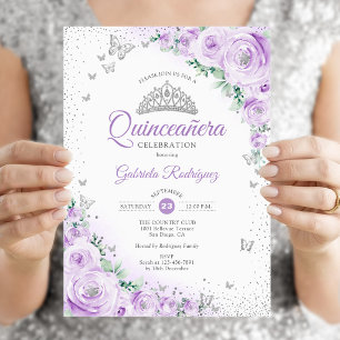 Lila blom-vattenfärgrosor Quinceanera Inbjudningar