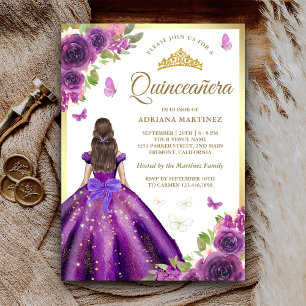 Lila blomklänning Fjäril Guld Quinceanera Inbjudningar