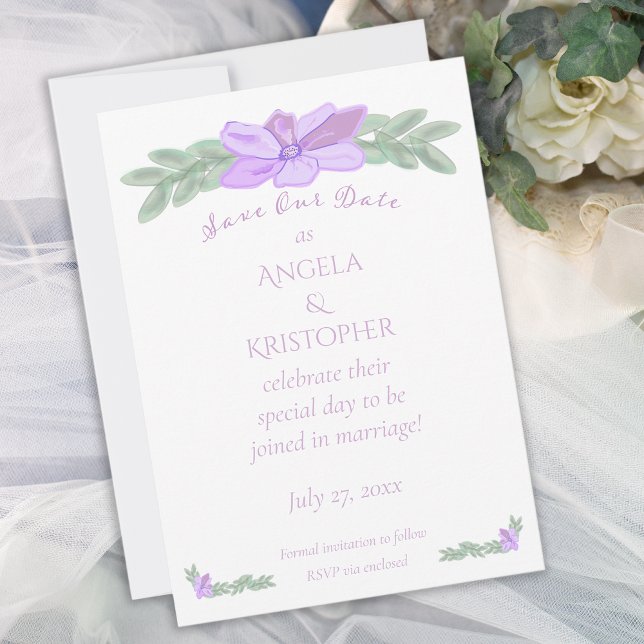 Lila Blomma Akvarell Spara Vår Datum / Spara Datumet (Save Our Date Watercolor Purple Flower announcement.)