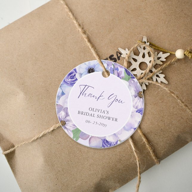Lila Blomma Manuskript Bröllsduschen Tack Gåvor Etiketter (Purple Flower Script Bridal Shower Thank You Favor Tags)