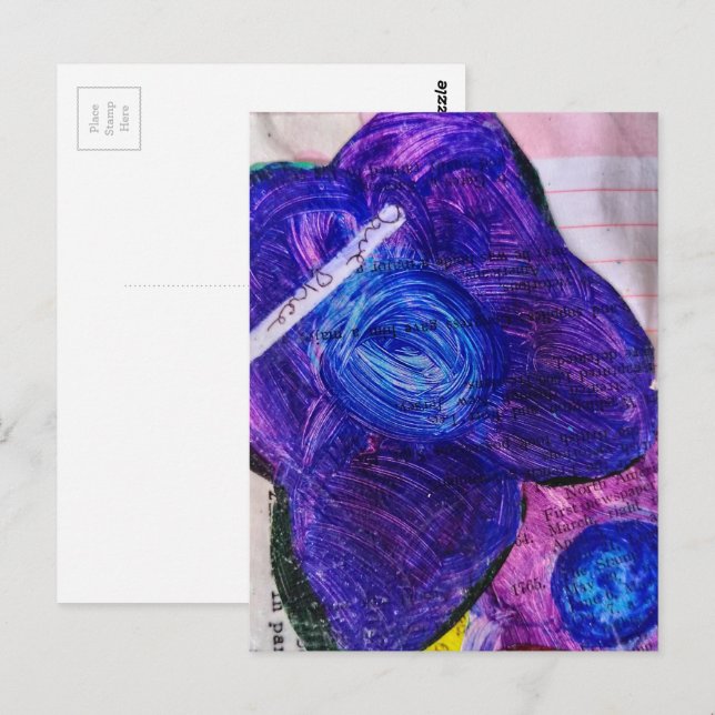 Lila blomma mixad mediakollage vykort (Fram/baksida)