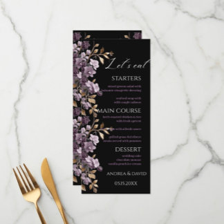 Lila blomma och guld löv låt oss Weeding Menu Meny