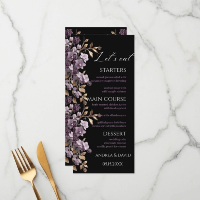 Lila blomma och guld löv låt oss Weeding Menu Meny (Skapare uppladdad)