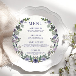 Lila blomma rustik rund meny kort för tallrik