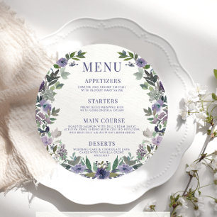 Lila blomma rustik rund meny kort för tallrik