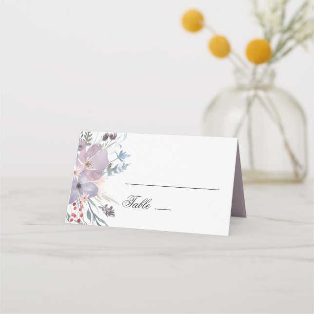 Lila blommande bröllop. Akvarell lavendelblommor Placeringskort (Framsida)