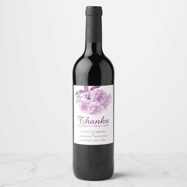 Lila blommande bröllopsetiketter för vin vinflaska etikett (Framsida)