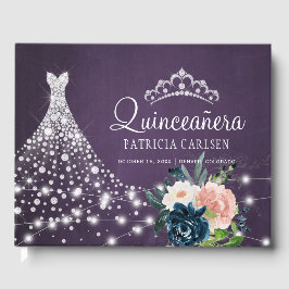 Lila blommande diamantprinsessa tiara quinceanera gästböcker