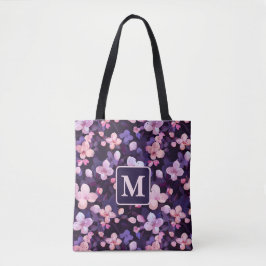Lila blommar av körsbär personlig monogram tygkasse