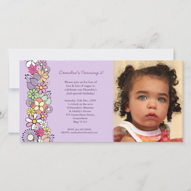 Lila Blommar Flicka 2:a födelsedagen Inbjudan (Framsida)