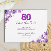 Lila Blommig 80-årsdag Elegant Spara Datumet