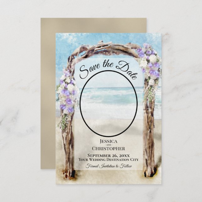 Lila Blommig Akvarell Strand Arbor Foto Bröllop Spara Datumet (Fram/baksida)