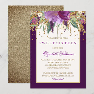 Lila Blommig Amethyst Sweet Sixteen Inbjudan