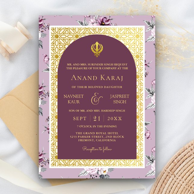 Lila Blommig Anand Karaj Punjabi Sikh Bröllop Inbjudningar (Skapare uppladdad)