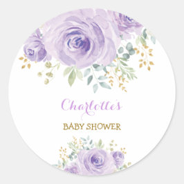 Lila Blommig Baby Shower Favor för Tjej Runt Klistermärke